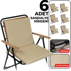 6'lı Sandalye Minderi Su Itici Kumaş 40X40 cm Sünger Sırtlıklı Sandalye Minderi Bağcıklı Bej