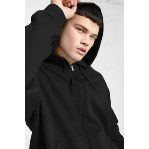 Erkek Siyah Kapüşonlu Fermuarlı 3 Üç Iplik Polar Kanguru Oversize Sweatshirt Zip Up Hoodie