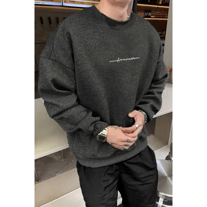 Erkek Antrasit Dreamer Baskılı 0 Sıfır Yaka Oversize Salaş Bol Kesim Polar Sweatshirt