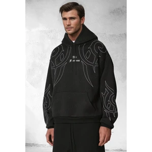 Erkek Siyah The Fearless 3 Iplik Şardonlu Kapüşonlu Kanguru Cepli Oversize Salaş Hoodie Sweatshirt