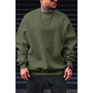 Erkek Haki Yeşili Basic 0 Sıfır Yaka Baskısız Düz Oversize Salaş Bol Kesim Polar Sweatshirt