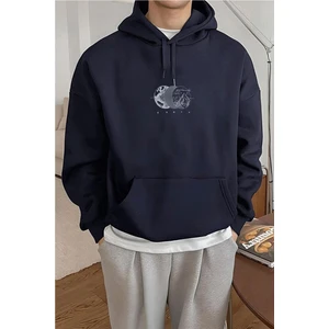 Erkek Lacivert Earth 3 Iplik Şardonlu Kapüşonlu Kanguru Cepli Oversize Salaş Hoodie Sweatshirt