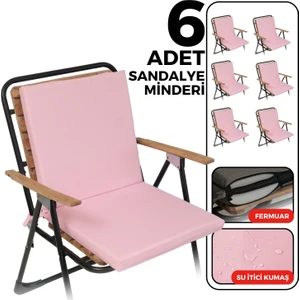 6'lı Sandalye Minderi Su Itici Kumaş 40X40 cm Sünger Sırtlıklı Sandalye Minderi Bağcıklı Pembe