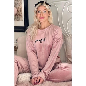 Pudra Perfect Desenli Exclusive Kadife Kadın Pijama Takımı 