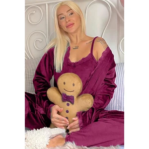 Pijama Evi Mürdüm Garnet Exclusive Kadife Sabahlıklı Kadın Pijama Takımı 