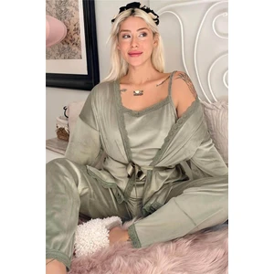 Pijama Evi Yeşil Gage Exclusive Kadife Sabahlıklı Kadın Pijama Takımı 