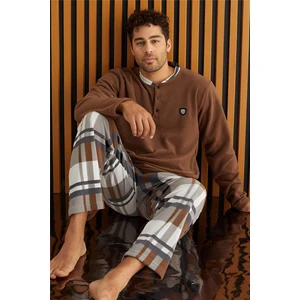 Pijama Evi Kahve Beyaz Ekose Desenli polar erkek pijama takımı