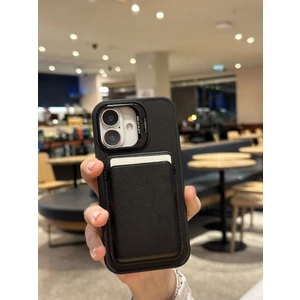 Paladyum Case iPhone 16 Uyumlu Premium Siyah Deri Magsafe Cüzdanlı Kartlıklı Kamera Çerçeve Standlı Kılıf