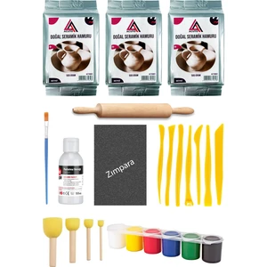 Seramik Hamuru 1,5 kg Ebeşuar Seti 6X15 ml Akrilik Set 100 cc Vernik Ahşap Merdane Zımpara Doğal Kil