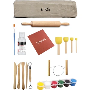Beyaz Seramik Hamuru 6 kg Kil Ebeşuar Seti 6X15 ml Akrilik Set 100 cc Vernik Ahşap Merdane Zımpara