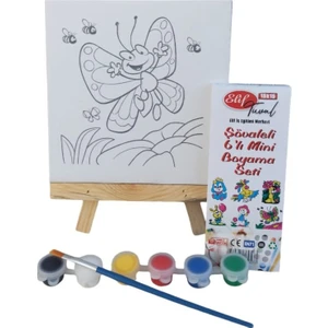 Şövaleli 6'lı Mini Boyama Tuval 15 x 15 cm Seti 6 Renk Akrilik Boya ve Fırça Seti 3 Adet Set