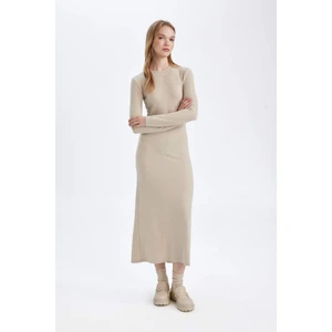 Bodycon Vücudu Saran Bisiklet Yaka Basic Düz Kaşkorse Uzun Kollu Maxi Elbise D3373AX24WN