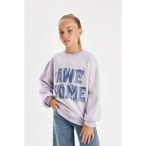 Kız Çocuk Oversize Geniş Kalıp Bisiklet Yaka Baskılı Sweatshirt D2880A824WN