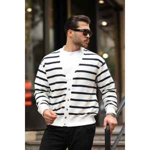 Oversize Çizgili Düğmeli Erkek Hırka - Lacivert