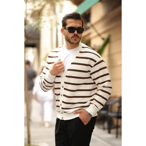 Oversize Çizgili Düğmeli Erkek Hırka - Kahve
