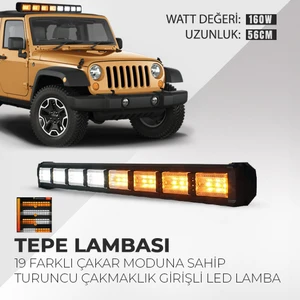 Cama Çakar Beyaz Turuncu LED Flaş Çakmaklık Girişli 56 cm 19 Mod Araç Içi Ön Arka Panel Araç Dışı Tepe Izgara Acil Ikaz Sinyal Uyarı Yönlendirme Spot Drl Gece Gündüz Çalışan Lamba