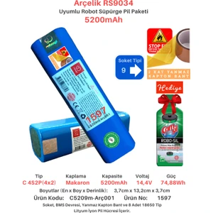 Arçelik RS9034 5200mAh Uyumlu Batarya Robot Süpürge Pili C5209m-Arç001