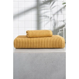 Waffle Dokuma 2'li Banyo Havlu Takımı - %100 Pamuk - Ekstra Yumuşak & Petekli - Hardal