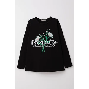 Kız Çocuk Uzun Kollu Tişört Yazılı Papatya Baskılı 10-16 Yaş, Siyah
