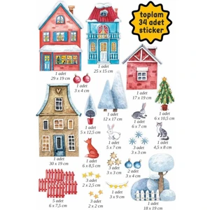 34 Adet Çocuk Cam Sticker Duvar Süsü Seti Yılbaşı Çam Ağacı Yeni Yıl Bebek Odası Noel Baba Kapı Süsü