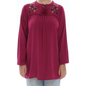 Moda Şen Modasen Yaka Nakışlı Bağcıklı Bordo Bürümcük Kadın Bluz