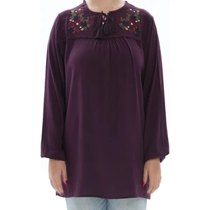 Moda Şen Modasen Yaka Nakışlı Bağcıklı Mürdüm Bürümcük Kadın Bluz