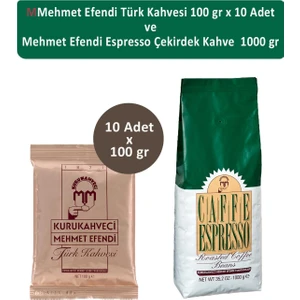 Mehmet Efendi Türk Kahvesi 100 gr x 10 Adet ve Mehmet Efendi Espresso Çekirdek Kahve 1000 gr