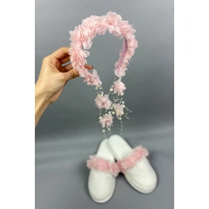 Pudra Lazer Çiçekli Incili Taç ve Lohusa Terlik Seti