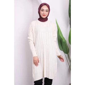 Krem Bisiklet Yaka Merserize Salaş Triko Tunik