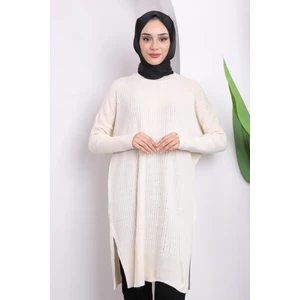 Krem Bisiklet Yaka Merserize Salaş Triko Tunik