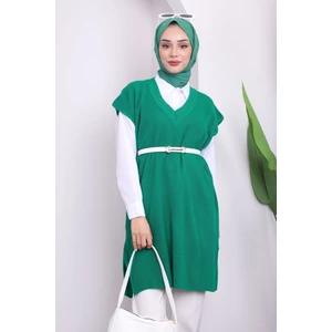 Yeşil V Yaka Yırtmaçlı Selanik Triko Süveter