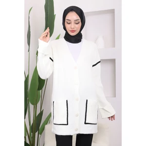 Ekru Çift Cepli Düğmeli Triko Hırka