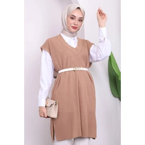 Bisküvi V Yaka Yırtmaçlı Selanik Triko Süveter