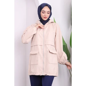 Taş Kapüşonlu Fermuarlı Kısa Trenç