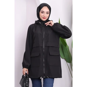 Siyah Kapüşonlu Fermuarlı Kısa Trenç