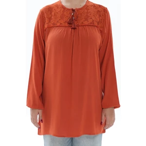 Moda Şen Modasen Yaka Dantelli Bağcıklı Turuncu Bürümcük Kadın Bluz