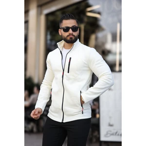Erkek Beyaz Polar Standart Tam Fermuarlı 3 Cepli Erkek Polar
