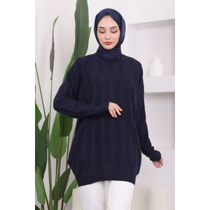 Lacivert Bisiklet Yaka Merserize Salaş Triko Tunik