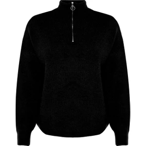 Frm Kadın Büyük Beden Moda Şık Regular Fermuarlı Yaka Uzun Kol Düz Fermuar Kapama Triko Kazak