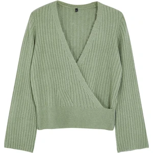 Frm Kadın Büyük Beden Moda Şık Crop V Yaka Uzun Kol Düz Kruvaze Yaka Fitilli Crop Triko Kazak