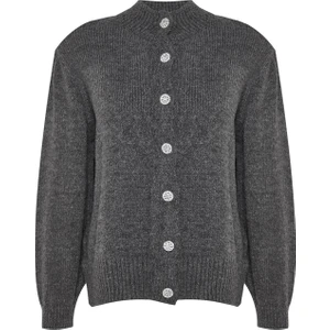 Frm Kadın Büyük Beden Moda Şık Regular Bisiklet Yaka Uzun Kol Düz Taşlı Düğmeli Triko Hırka