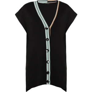 Kadın Tesettür Moda Şık Midi V Yaka Uzun Kol Renk Bloklu Yakası Şerit Detaylı Triko Süveter