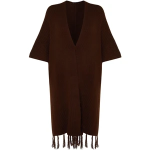 Kadın Moda Şık Tesettür Uzun Şal Yaka Regular Etek Ucu Püsküllü Uzun Triko Hırka