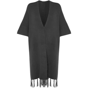 Kadın Moda Şık Tesettür Uzun Şal Yaka Regular Etek Ucu Püsküllü Uzun Triko Hırka