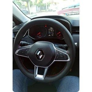 Dikişli Direksiyon Kılıfı Damarlı Siyah Deri Kırmızı Dikişli Clio Için