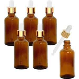 Amber Cam Şişeler - Altın - Beyaz Cam Pipetli 50 ml x 6 Adet