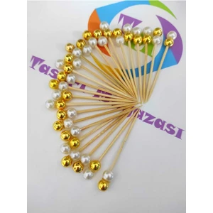 Beyhan Bayhan 100 Adet Dekoratif Krem Gold Çift Incili Kokteyl Kürdanı 6 cm - Inci 8 mm - Incili Kürdan