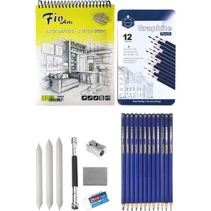 Fio A5 Spiralli Eskiz Defteri 90 gr Keep Smiling Dereceli Kalem Seti 12'li Karakalem Çizim Eskiz Set
