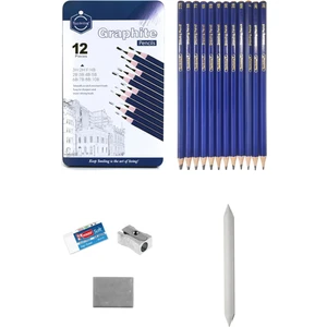 Karakalem Çizim Seti Metal Kutulu Eskiz Seti 12 Dereceli Kalem Hamur Silgi Pastel Dağıtıcı