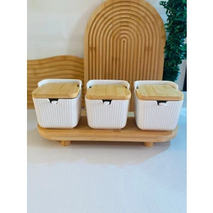 3'lü Bambu Standlı Bambu Kapaklı Porselen Kaşıklı Tuzluk Biberlik 300 Ml(Cmr)